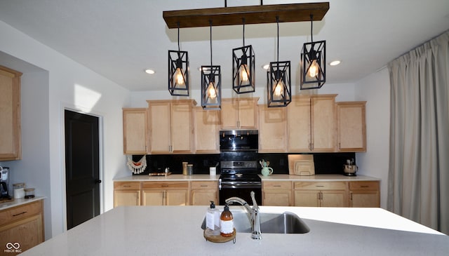 kitchen with electric stove, light brown cabinetry, tasteful backsplash, and hanging light fixtures