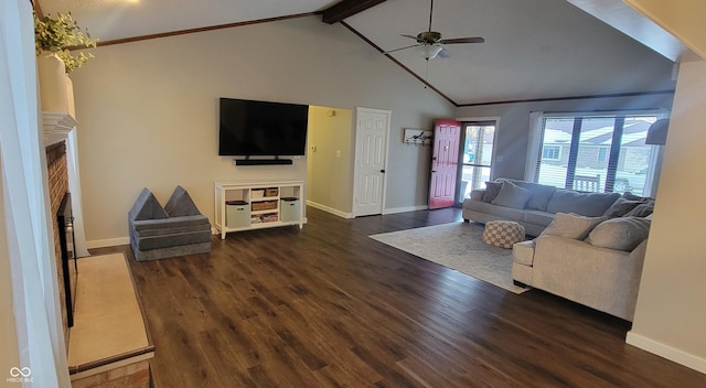 living room with ceiling fan, lofted ceiling with beams, and dark hardwood / wood-style floors