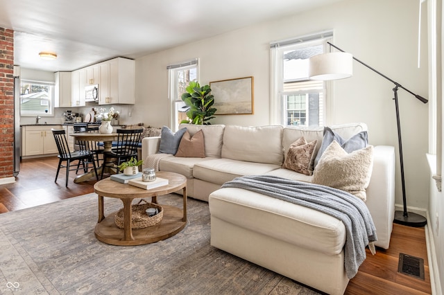 living room with dark wood-type flooring, a wealth of natural light, and sink