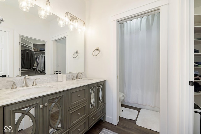 full bath with a sink, toilet, wood finished floors, and double vanity