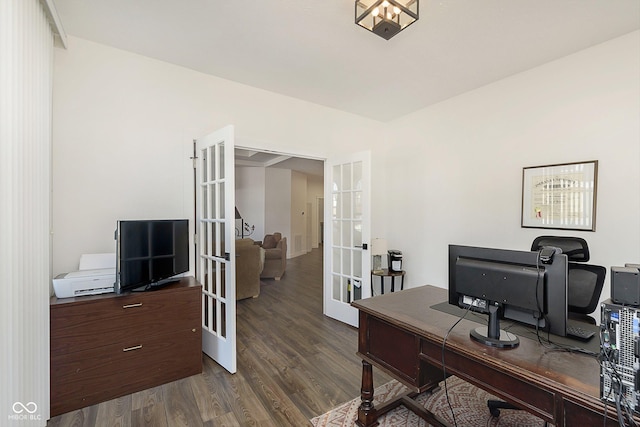 office space with french doors and dark wood-style flooring