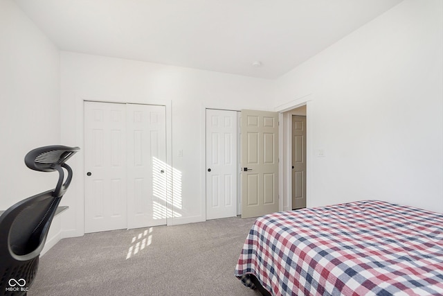 bedroom with two closets and carpet