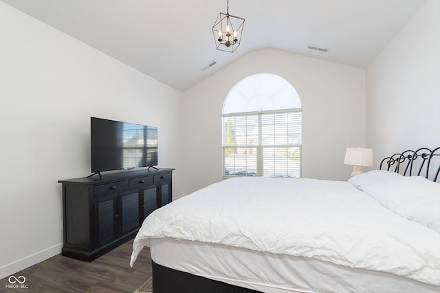 bedroom featuring visible vents, baseboards, vaulted ceiling, an inviting chandelier, and dark wood-style flooring