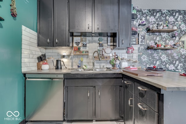 kitchen with sink, stainless steel dishwasher, and decorative backsplash