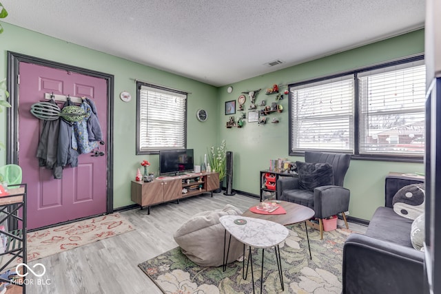 living room featuring a textured ceiling, light hardwood / wood-style flooring, and a wealth of natural light