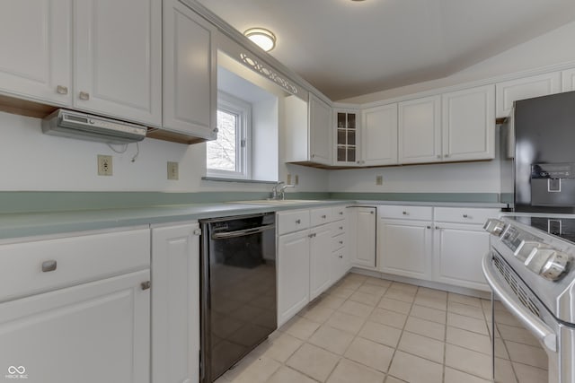 kitchen with black appliances, white cabinets, light countertops, and a sink