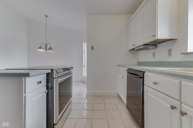 kitchen featuring dishwashing machine, stainless steel range with electric cooktop, light countertops, white cabinets, and a notable chandelier