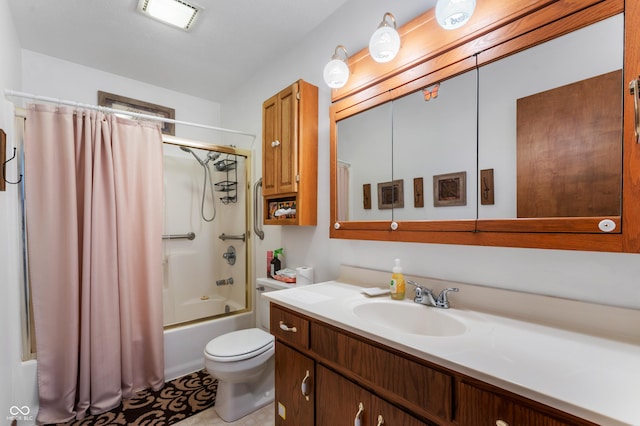 full bathroom with toilet, vanity, and shower / tub combo with curtain