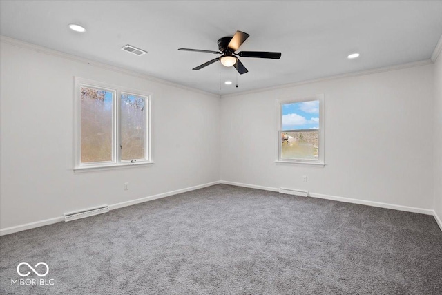 unfurnished room with ceiling fan, crown molding, and carpet floors