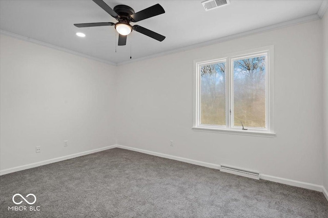 carpeted empty room with ornamental molding and ceiling fan