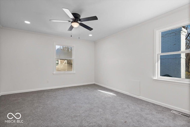 unfurnished room featuring ceiling fan, ornamental molding, and carpet flooring