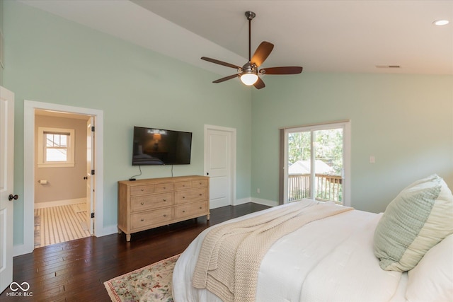 bedroom featuring ceiling fan, dark hardwood / wood-style flooring, access to outside, and lofted ceiling