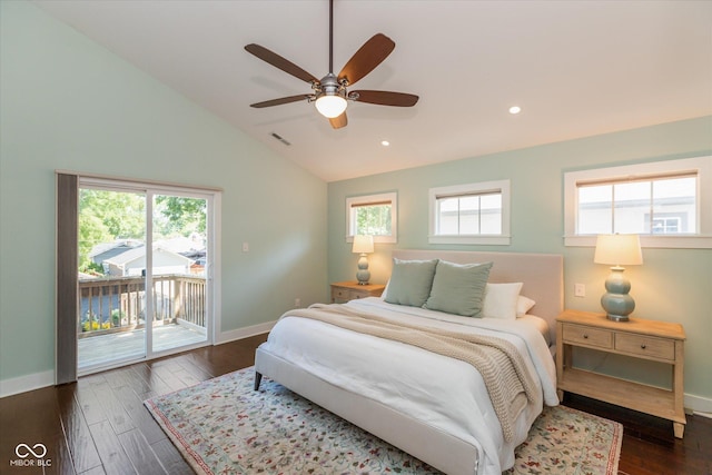 bedroom featuring access to outside, dark wood-type flooring, high vaulted ceiling, and ceiling fan