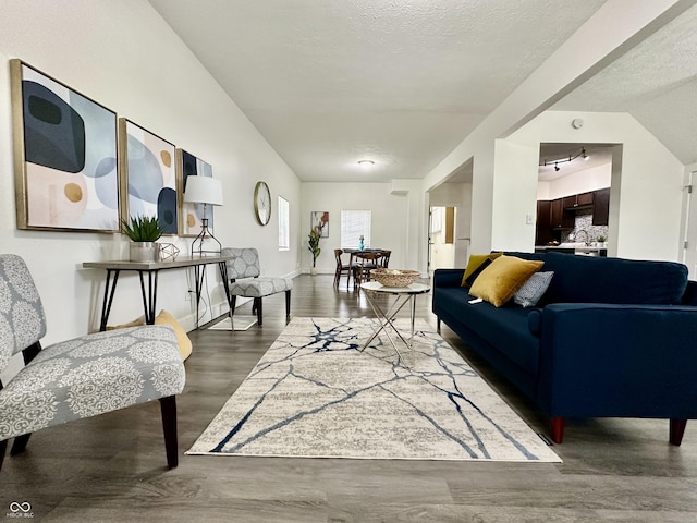 living room with a textured ceiling, vaulted ceiling, and hardwood / wood-style floors