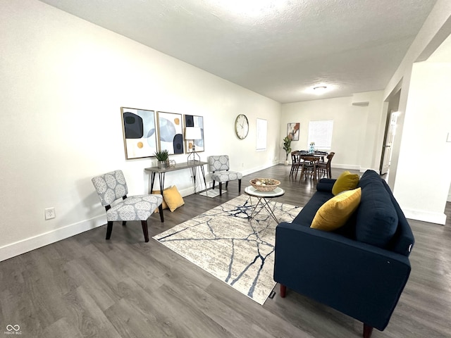 living room with dark wood-type flooring and a textured ceiling