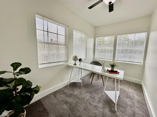 carpeted office with ceiling fan