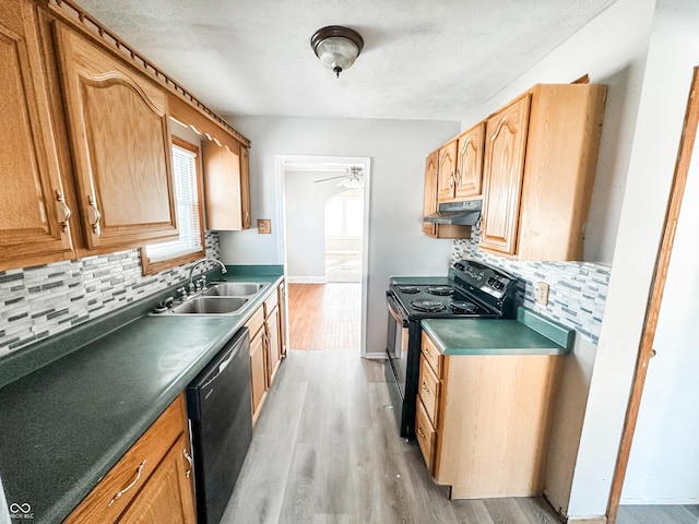 kitchen with light hardwood / wood-style flooring, black appliances, tasteful backsplash, and sink