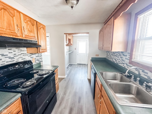 kitchen featuring electric range, tasteful backsplash, light hardwood / wood-style floors, and sink