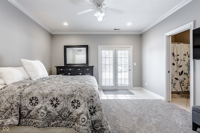 8526 Oakmont Ln, Indianapolis, IN 46260 - tiled bedroom featuring access to exterior, ornamental molding, and ceiling fan