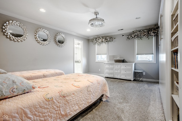 8526 Oakmont Ln, Indianapolis, IN 46260 - carpeted bedroom with a notable chandelier and crown molding