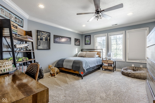 8526 Oakmont Ln, Indianapolis, IN 46260 - bedroom featuring crown molding, ceiling fan, and carpet floors
