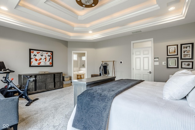 8526 Oakmont Ln, Indianapolis, IN 46260 - bedroom with crown molding, a raised ceiling, and carpet