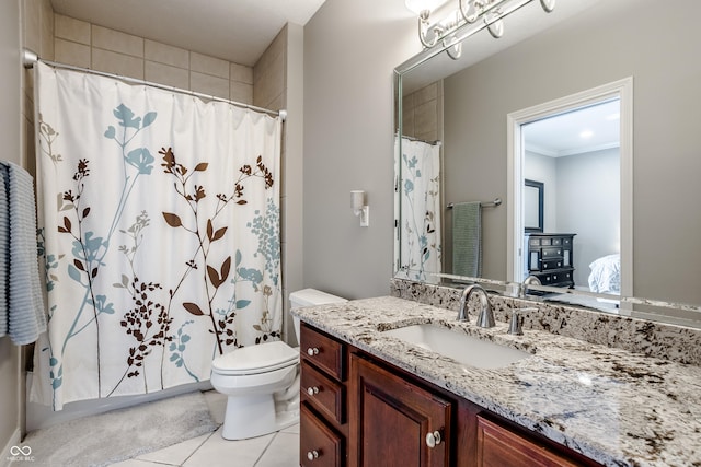 8526 Oakmont Ln, Indianapolis, IN 46260 - bathroom featuring toilet, ornamental molding, vanity, curtained shower, and tile patterned flooring