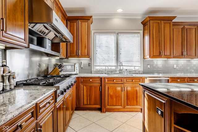 8526 Oakmont Ln, Indianapolis, IN 46260 - kitchen featuring sink, light stone counters, crown molding, ventilation hood, and stainless steel appliances