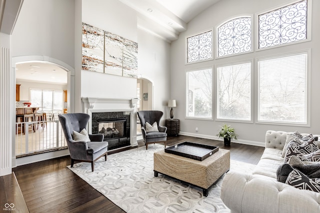 8526 Oakmont Ln, Indianapolis, IN 46260 - living room featuring hardwood / wood-style flooring, a premium fireplace, and high vaulted ceiling