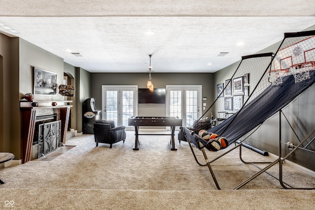 8526 Oakmont Ln, Indianapolis, IN 46260 - interior space with light colored carpet, french doors, and a textured ceiling