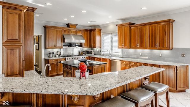 8526 Oakmont Ln, Indianapolis, IN 46260 - kitchen with a kitchen bar, sink, light stone counters, stainless steel dishwasher, and backsplash