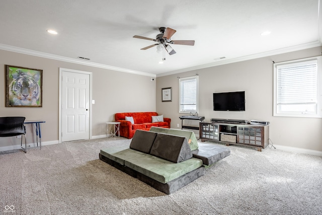 8526 Oakmont Ln, Indianapolis, IN 46260 - carpeted living room featuring ornamental molding and ceiling fan