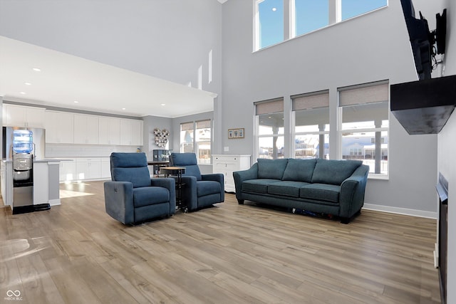 living room featuring a towering ceiling and light wood-type flooring