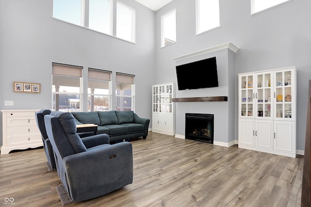 living room featuring a towering ceiling and light hardwood / wood-style flooring