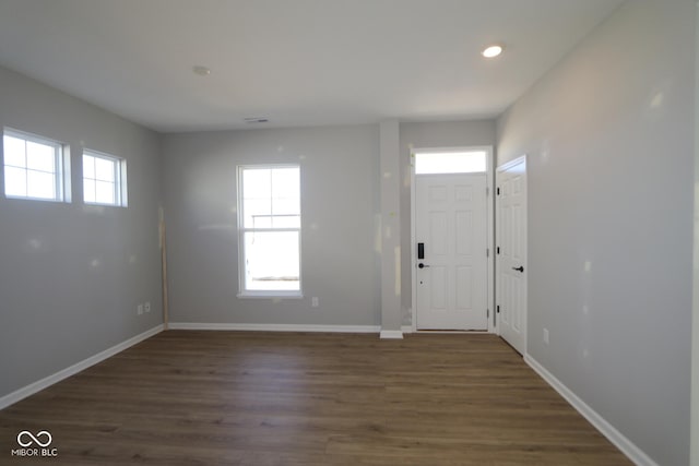 entryway featuring wood finished floors, a healthy amount of sunlight, and baseboards