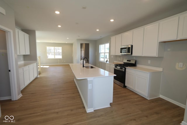 kitchen with white cabinetry, stainless steel appliances, and wood finished floors