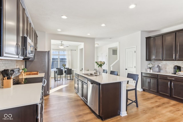 kitchen with appliances with stainless steel finishes, an island with sink, sink, dark brown cabinets, and backsplash