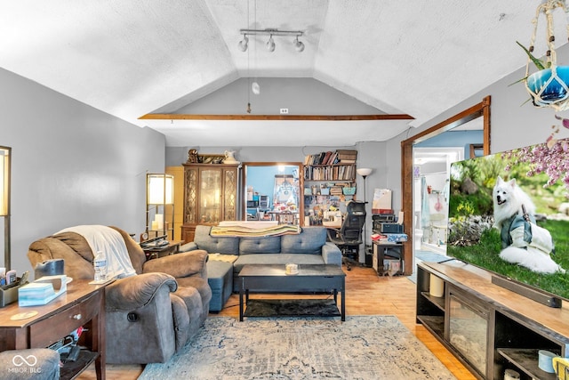 living room featuring a textured ceiling, lofted ceiling, and light hardwood / wood-style flooring