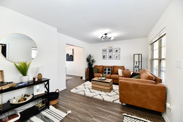 living room with dark hardwood / wood-style flooring