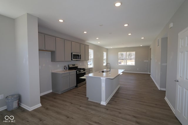 kitchen featuring recessed lighting, gray cabinetry, a sink, dark wood-type flooring, and appliances with stainless steel finishes