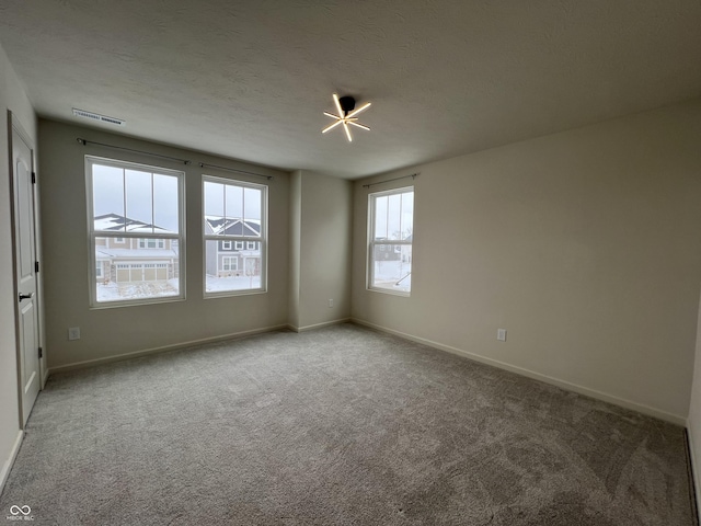 empty room featuring a textured ceiling and carpet flooring