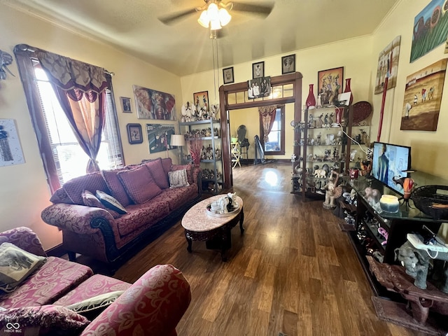 living room featuring wood-type flooring and ceiling fan