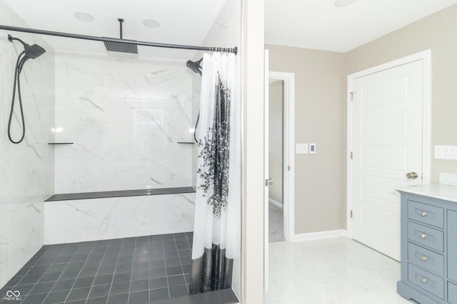 bathroom with vanity and walk in shower