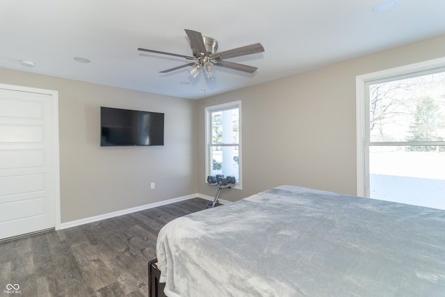 bedroom with dark hardwood / wood-style floors and ceiling fan