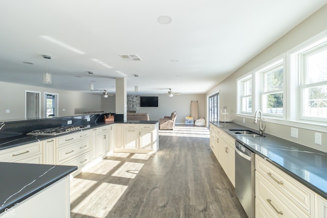 kitchen with sink, a wealth of natural light, hanging light fixtures, and appliances with stainless steel finishes