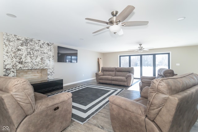 living room featuring a large fireplace and hardwood / wood-style flooring