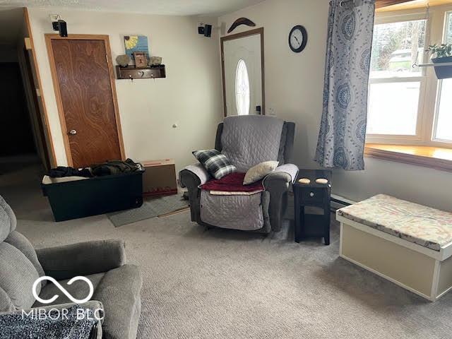 carpeted living room featuring baseboard heating