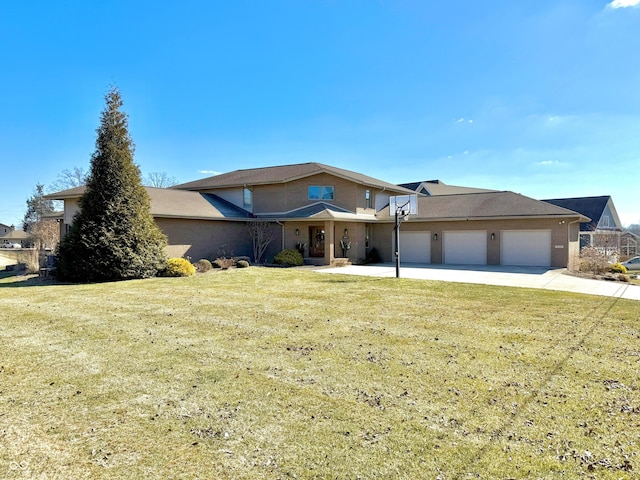 view of front facade with a garage, driveway, a front lawn, and brick siding