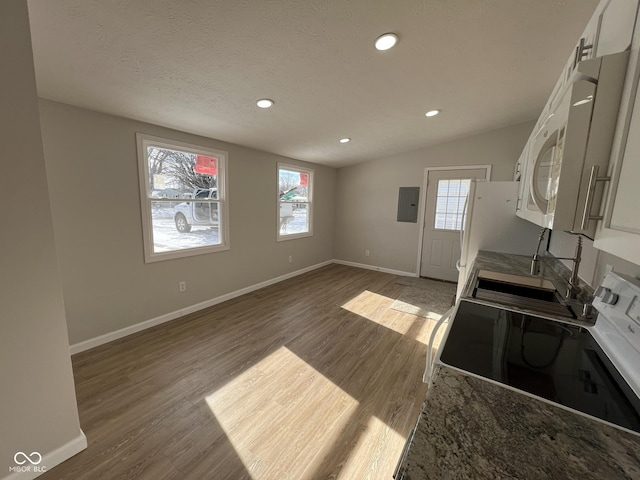 kitchen featuring vaulted ceiling, a wealth of natural light, hardwood / wood-style flooring, electric panel, and white appliances