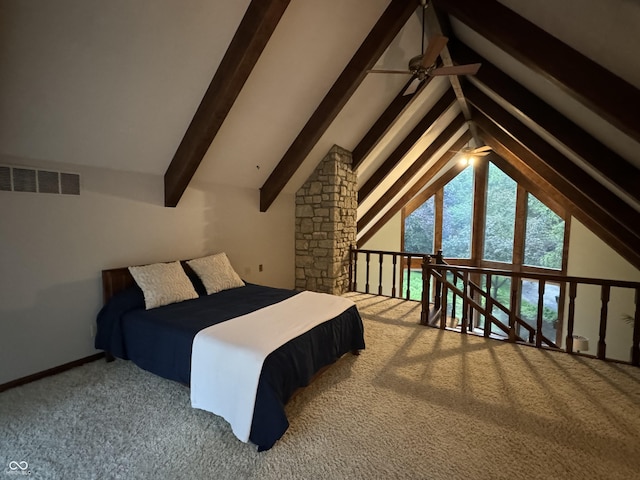 carpeted bedroom featuring vaulted ceiling with beams